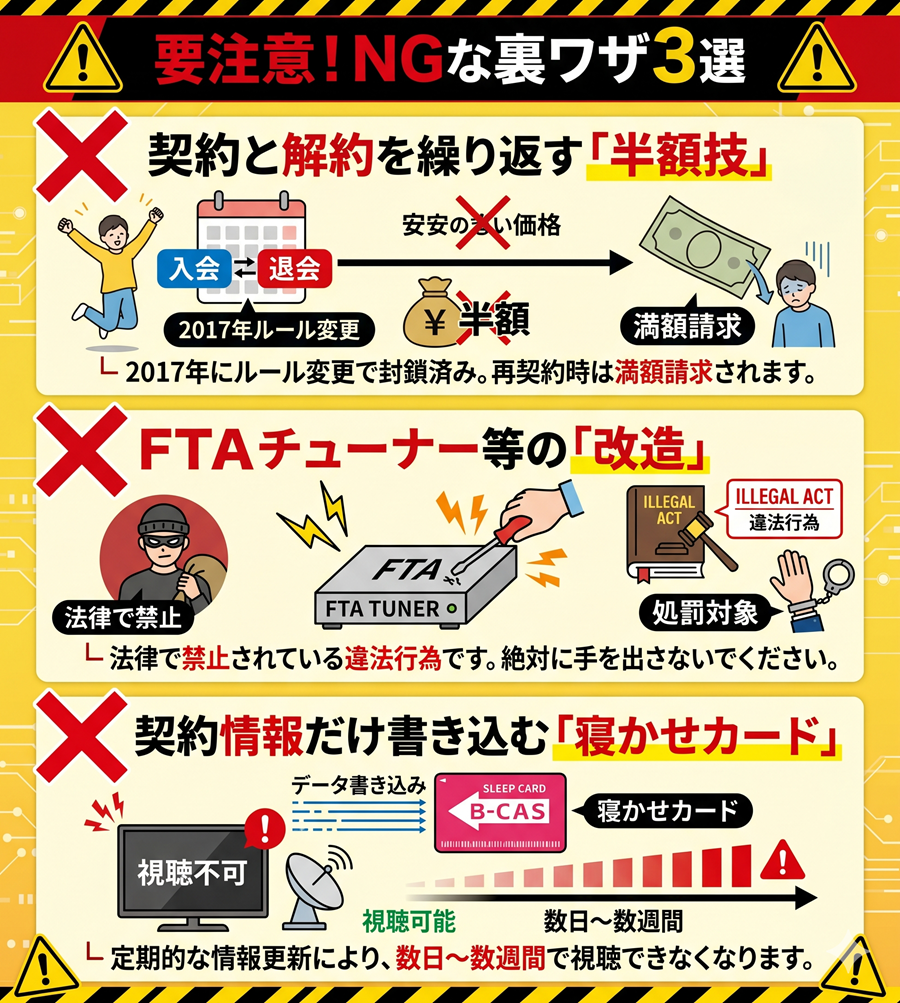 スカパーで使ってはいけないNGな裏ワザ3選。封鎖済みの半額技、違法な改造チューナー、無効化される寝かせカードへの注意喚起