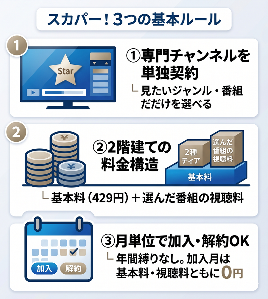スカパー！の3つの基本ルールを図解。専門チャンネルの単独契約、基本料と視聴料の2階建て構造、月単位で加入・解約可能